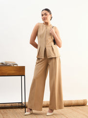 Women Beige Round Neck Front Zipper Top With Dual Dart Pant