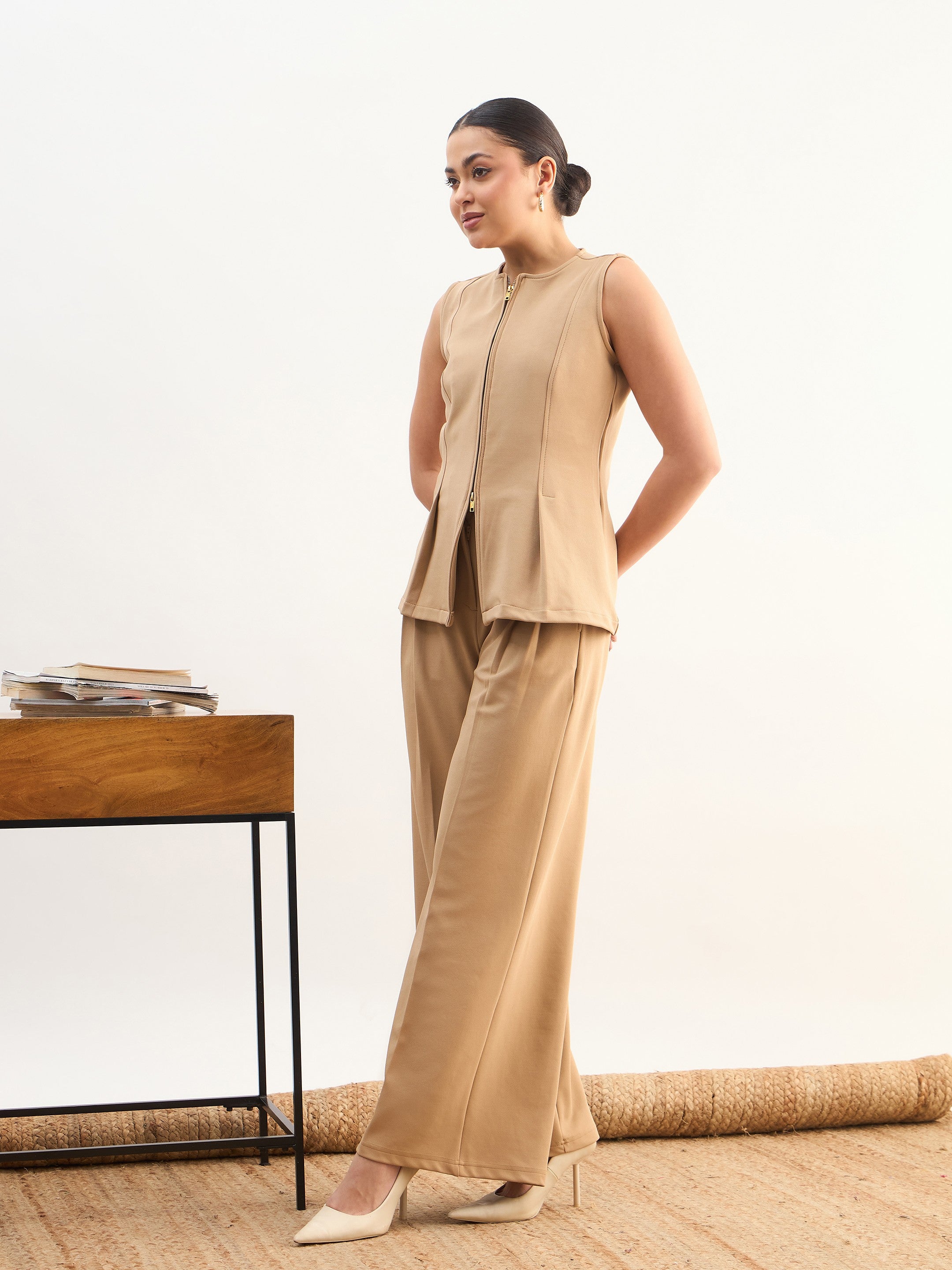 DesiQlo Beige Round Neck Front Zipper Top With Dual Dart Pant - B