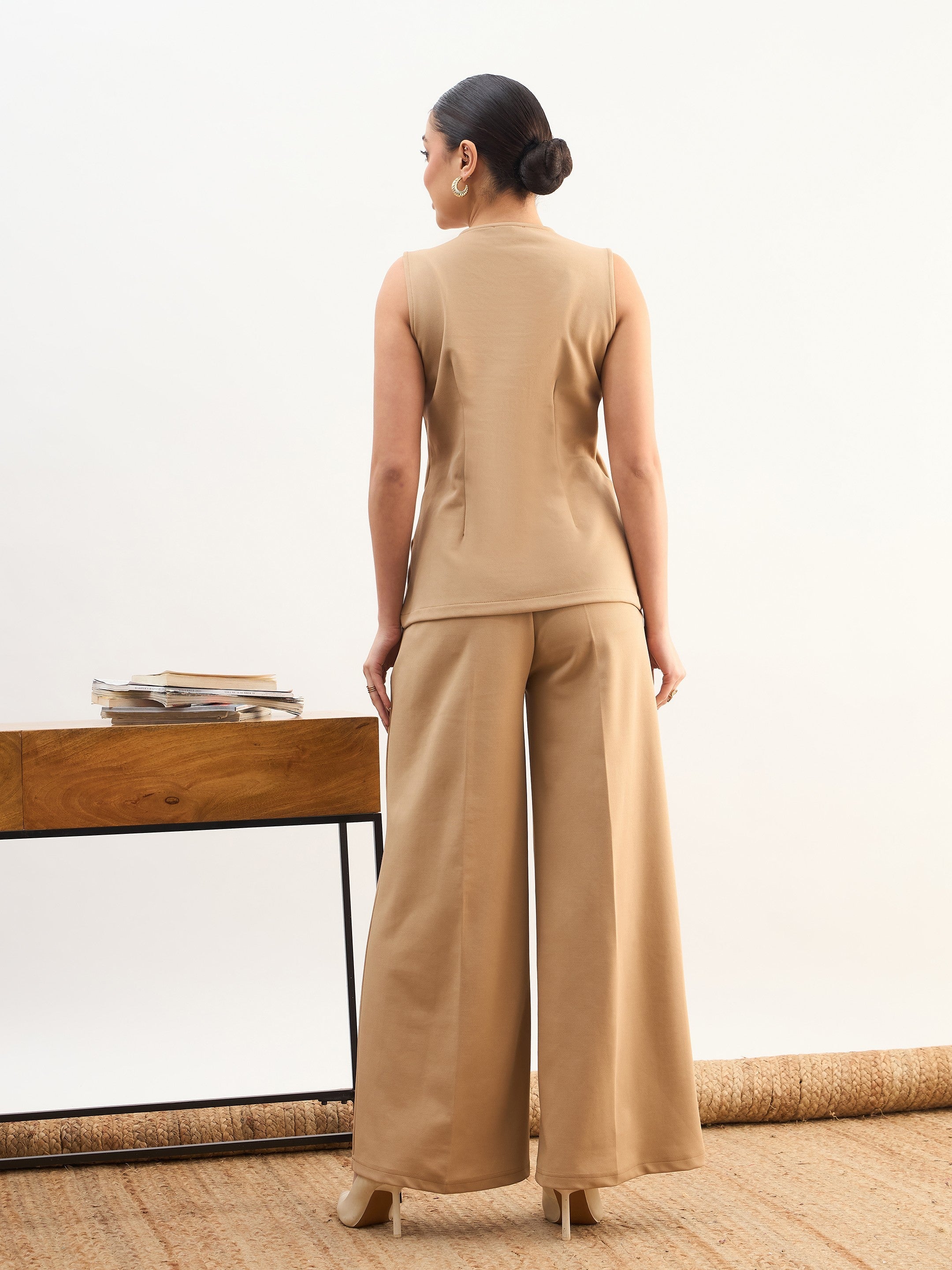 DesiQlo Beige Round Neck Front Zipper Top With Dual Dart Pant - B