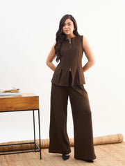 Women Coffee Brown Round Neck Front Zipper Top