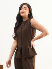Women Coffee Brown Round Neck Front Zipper Top