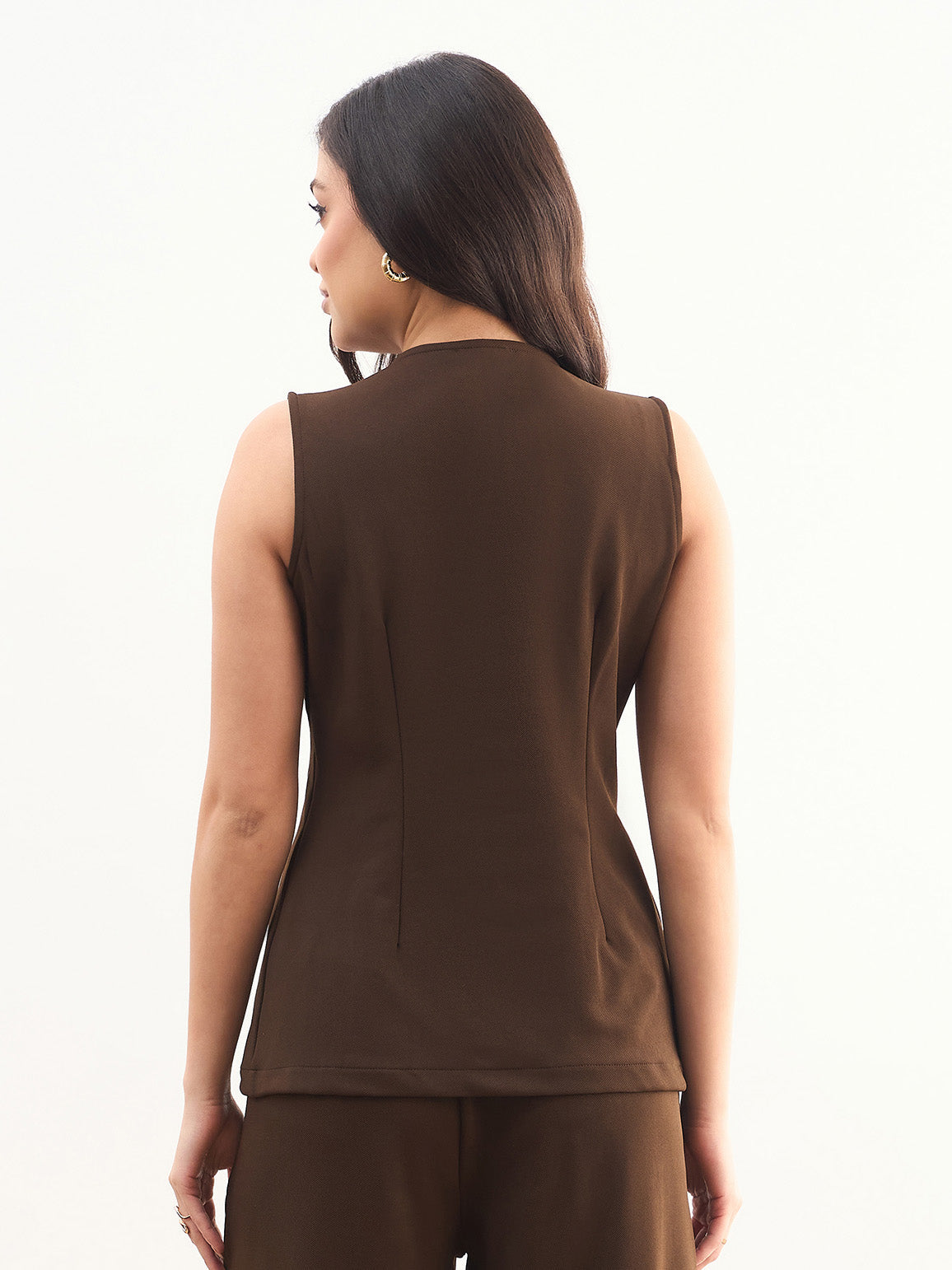 DesiQlo Coffee Brown Round Neck Front Zipper Top - Brown