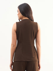 Women Coffee Brown Round Neck Front Zipper Top