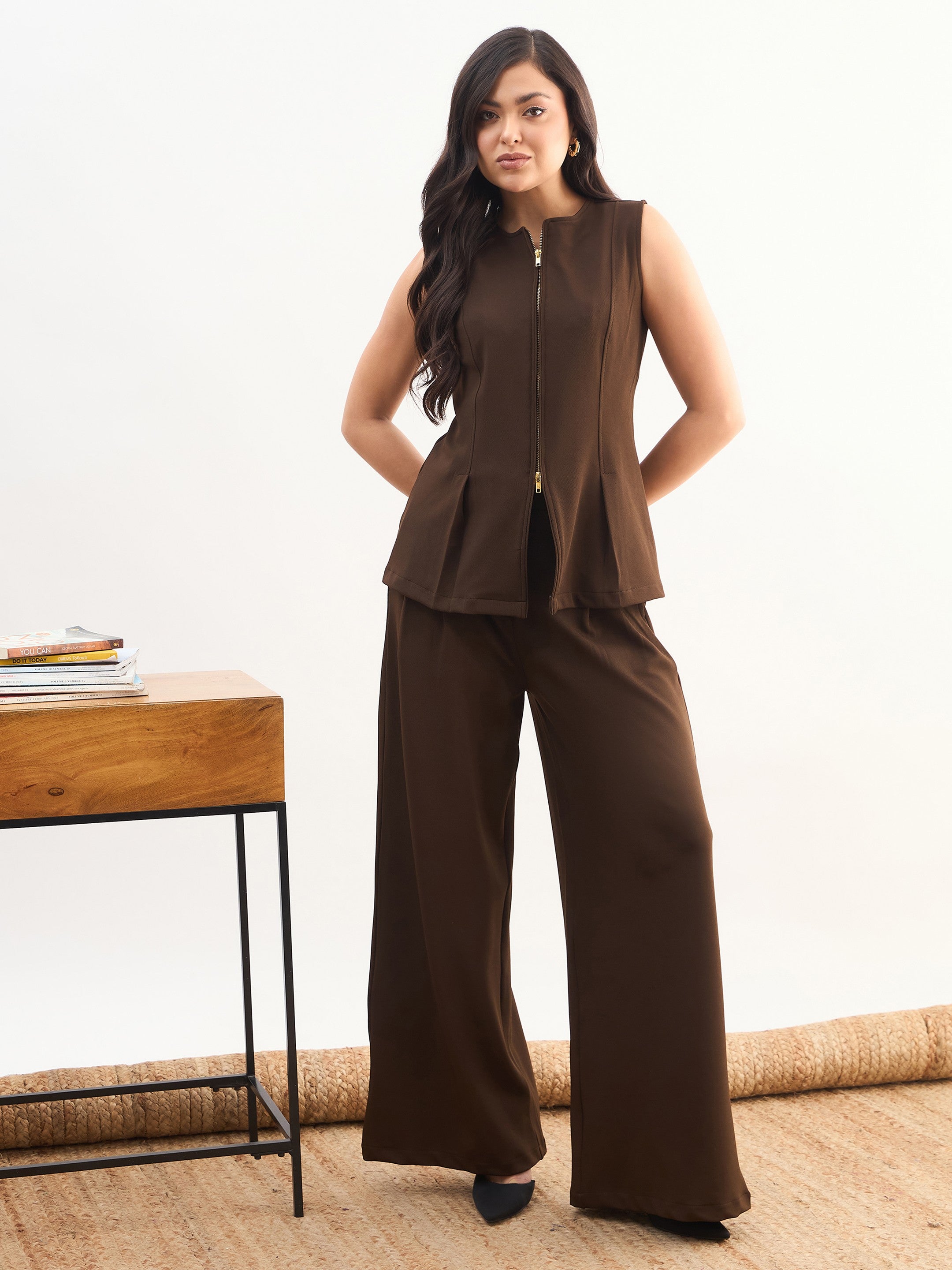 DesiQlo Coffee Brown Round Neck Front Zipper Top With Dual Dart P