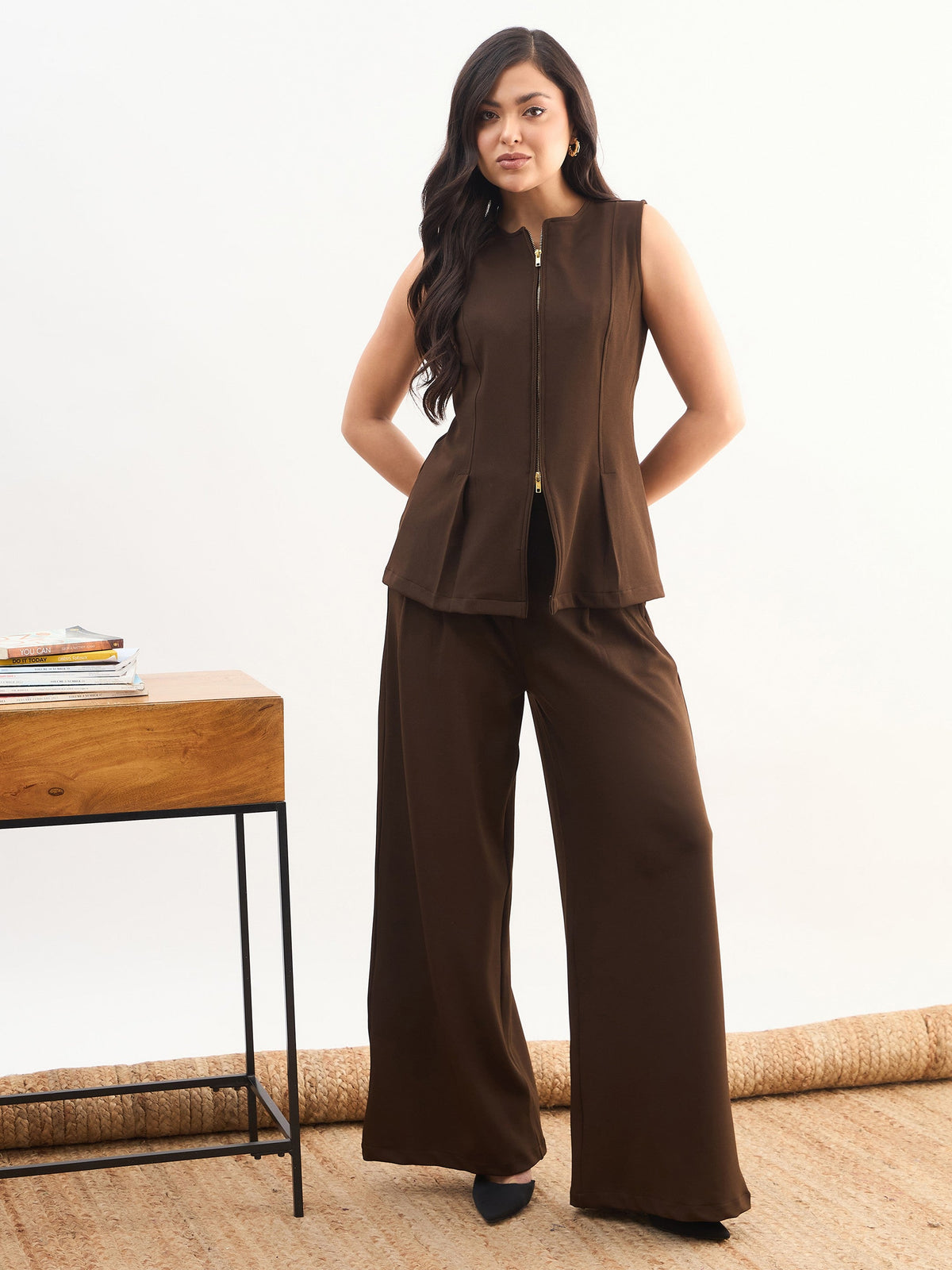 Women Coffee Brown Round Neck Front Zipper Top With Dual Dart Pant
