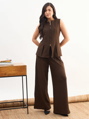 Women Coffee Brown Round Neck Front Zipper Top With Dual Dart Pant