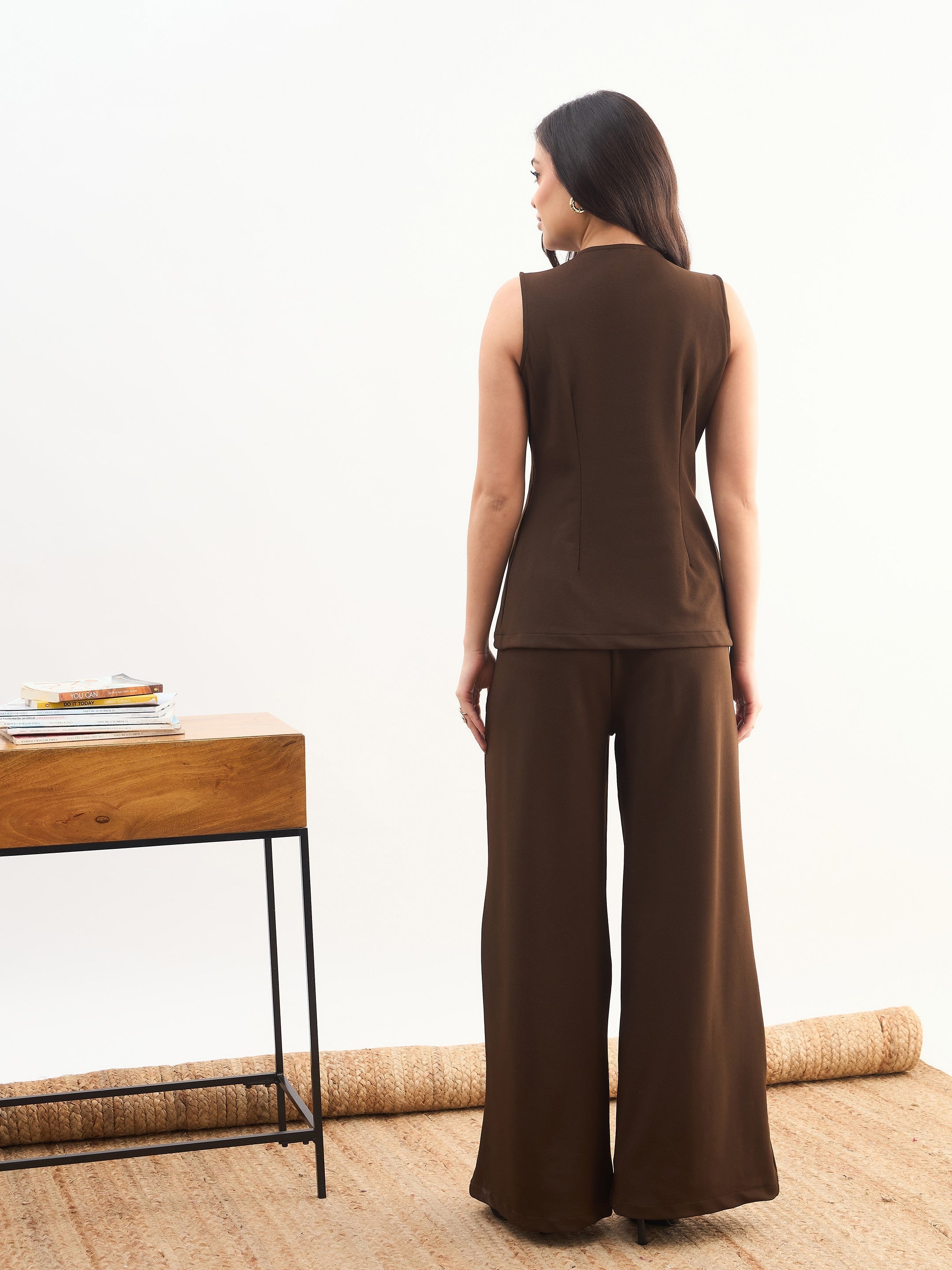 DesiQlo Coffee Brown Round Neck Front Zipper Top With Dual Dart P
