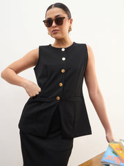 Women Black Round Neck Sleeveless Front Button Vest