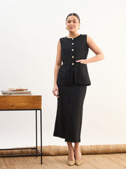 Women Black Round Neck Sleeveless Front Button Vest