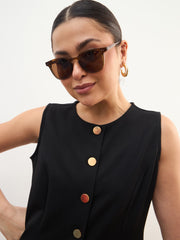 Women Black Round Neck Sleeveless Front Button Vest