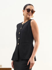 Women Black Round Neck Sleeveless Front Button Vest