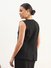 Women Black Round Neck Sleeveless Front Button Vest