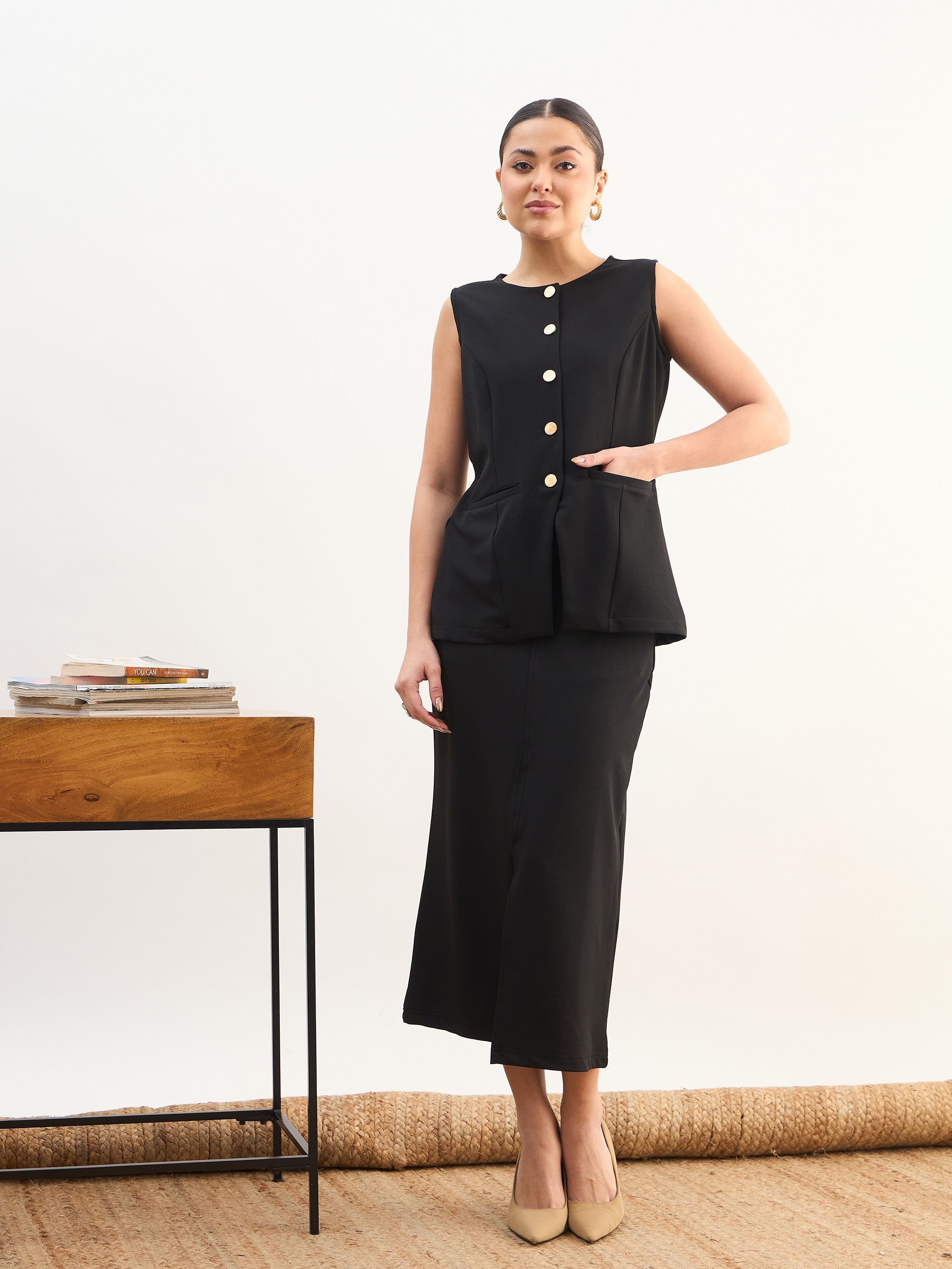 DesiQlo Black Round Neck Vest Top With Front Slit Midi Skirt - Bl