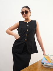 Women Black Round Neck Vest Top With Front Slit Midi Skirt