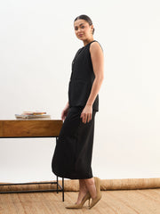 Women Black Round Neck Vest Top With Front Slit Midi Skirt