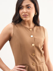 Women Tan Brown Round Neck Sleeveless Front Button Vest