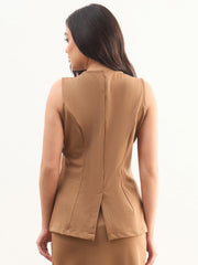 Women Tan Brown Round Neck Sleeveless Front Button Vest