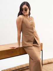 Women Tan Brown Round Neck Vest Top With Front Slit Midi Skirt