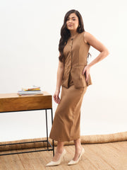 Women Tan Brown Round Neck Vest Top With Front Slit Midi Skirt