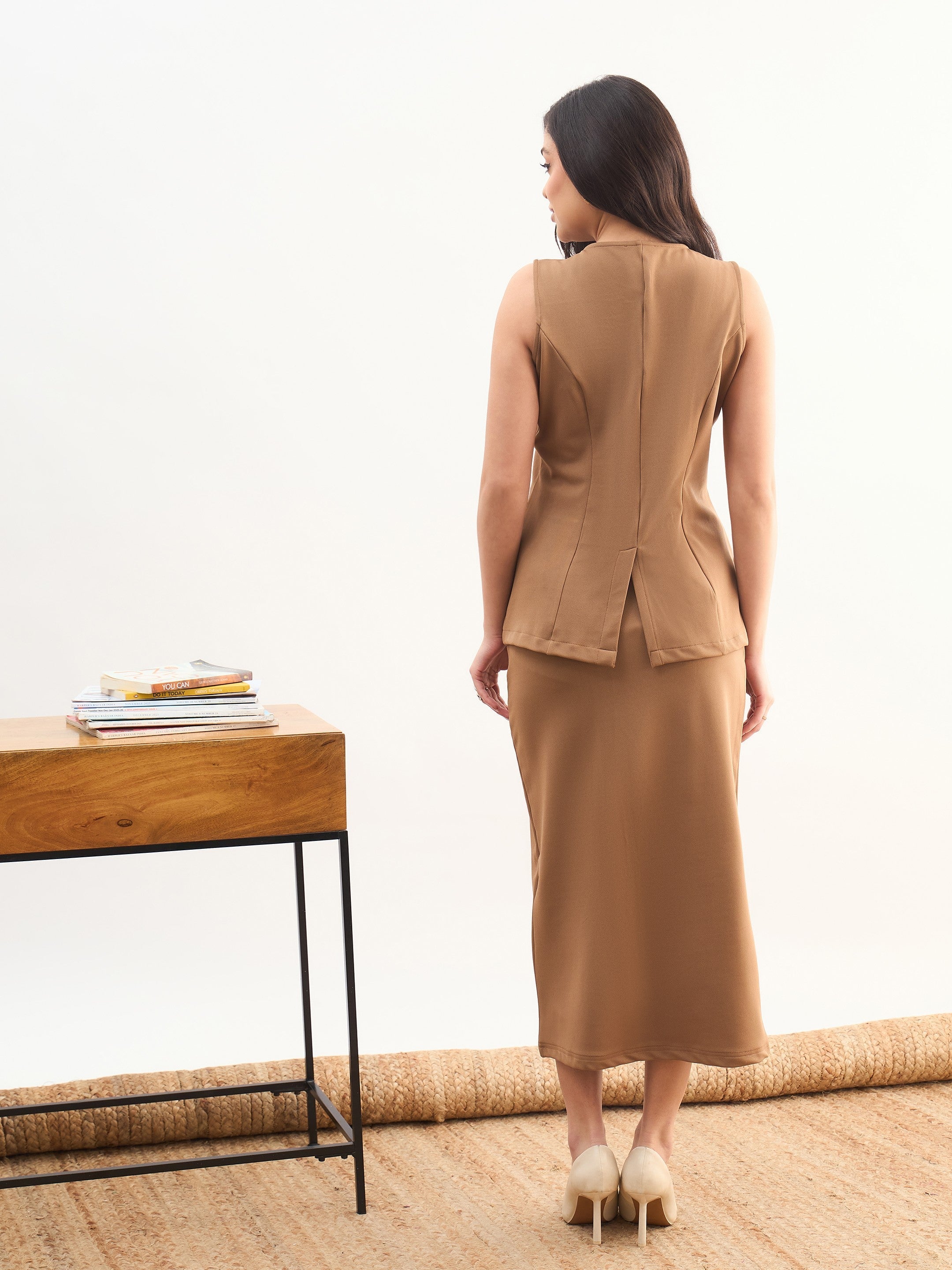 DesiQlo Tan Brown Round Neck Vest Top With Front Slit Midi Skirt 