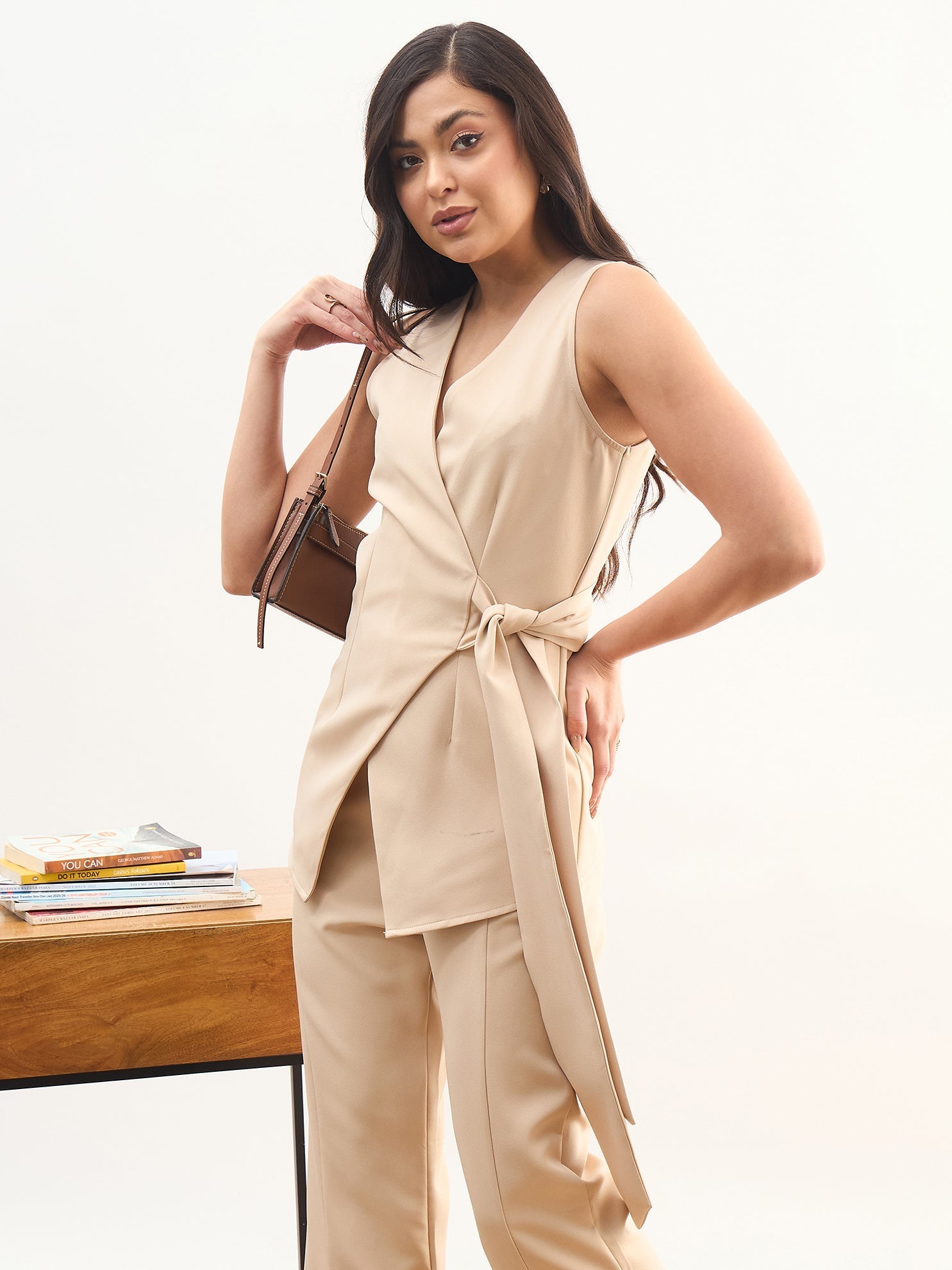 DesiQlo Beige V Neck Sleeveless Tie Up Closure Top - Beige