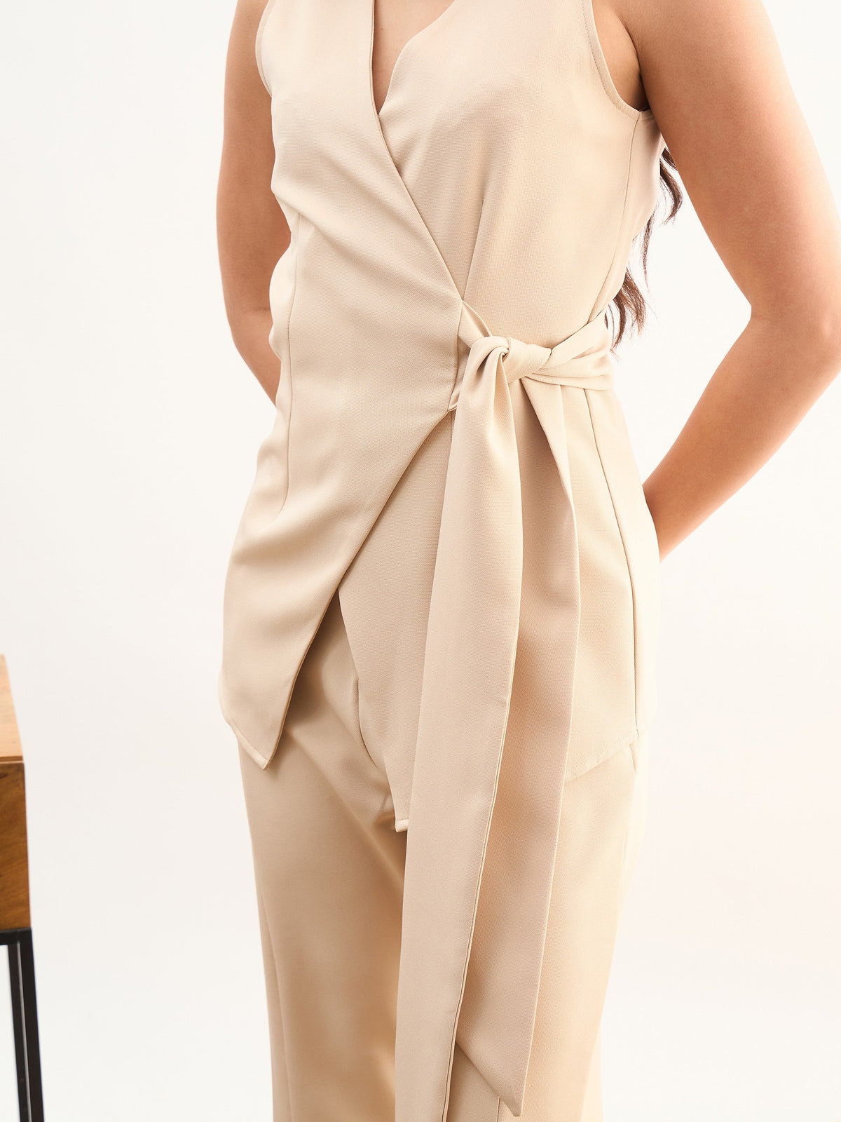 Women Beige V Neck Sleeveless Tie Up Closure Top