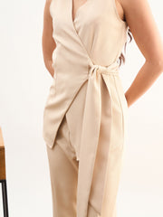 Women Beige V Neck Sleeveless Tie Up Closure Top