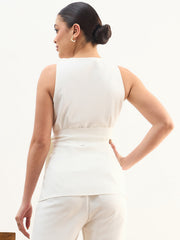 Women White V Neck Sleeveless Tie Up Closure Top