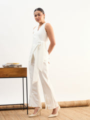 Women White V Neck Tie Up Top With Front Slit Bellbottom Pant