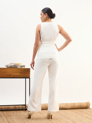 Women White V Neck Tie Up Top With Front Slit Bellbottom Pant