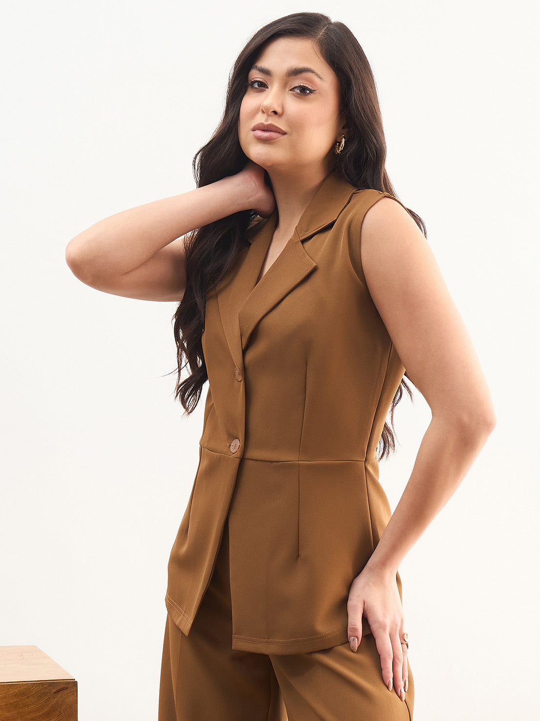 DesiQlo Tan Brown Notch Collar Sleeveless Regular Top - Beige