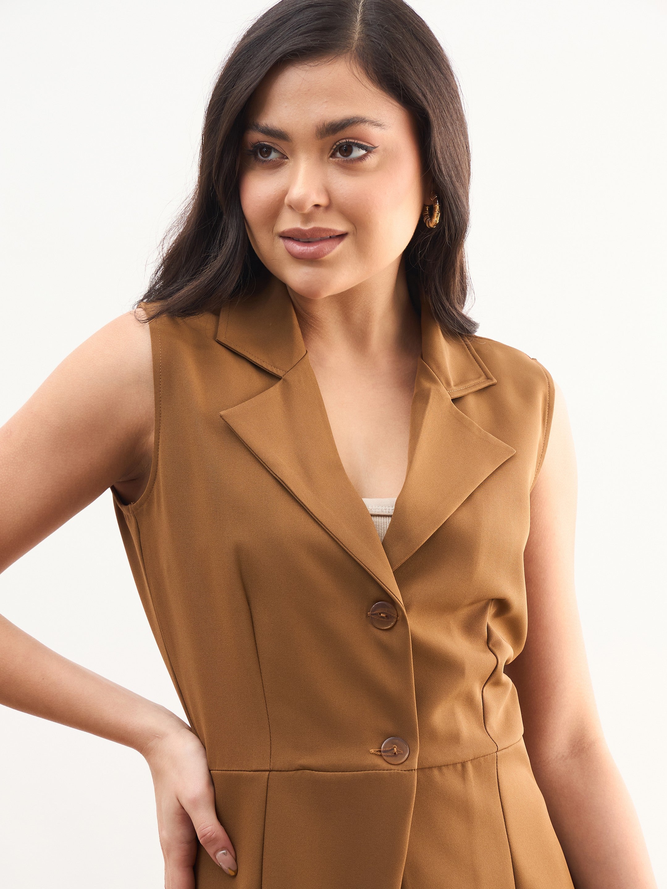 DesiQlo Tan Brown Notch Collar Sleeveless Regular Top - Beige