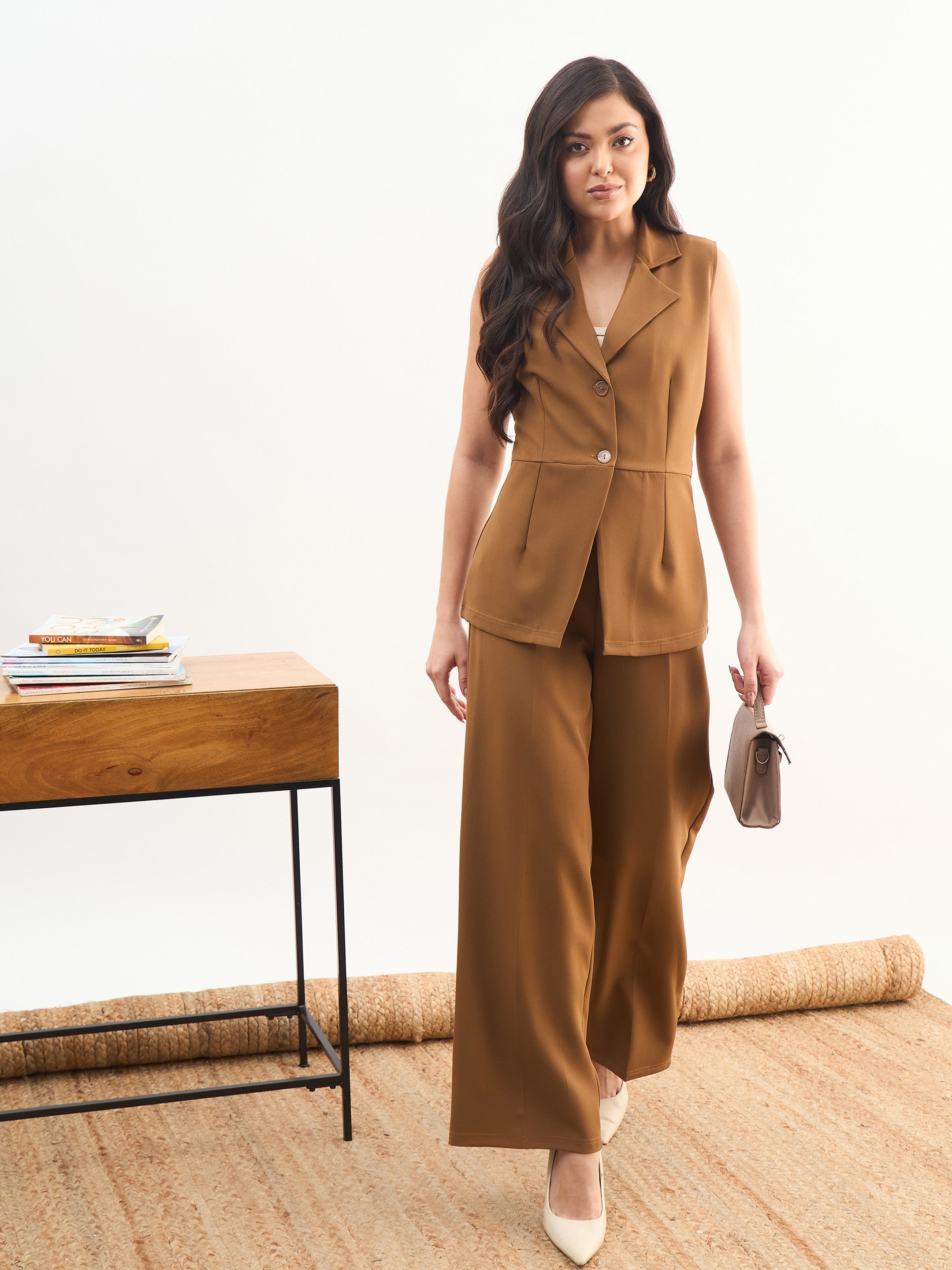 DesiQlo Tan Brown Notch Collar Sleeveless Top With Elasticated Pa