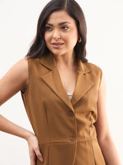 Women Tan Brown Notch Collar Sleeveless Top With Elasticated Pant