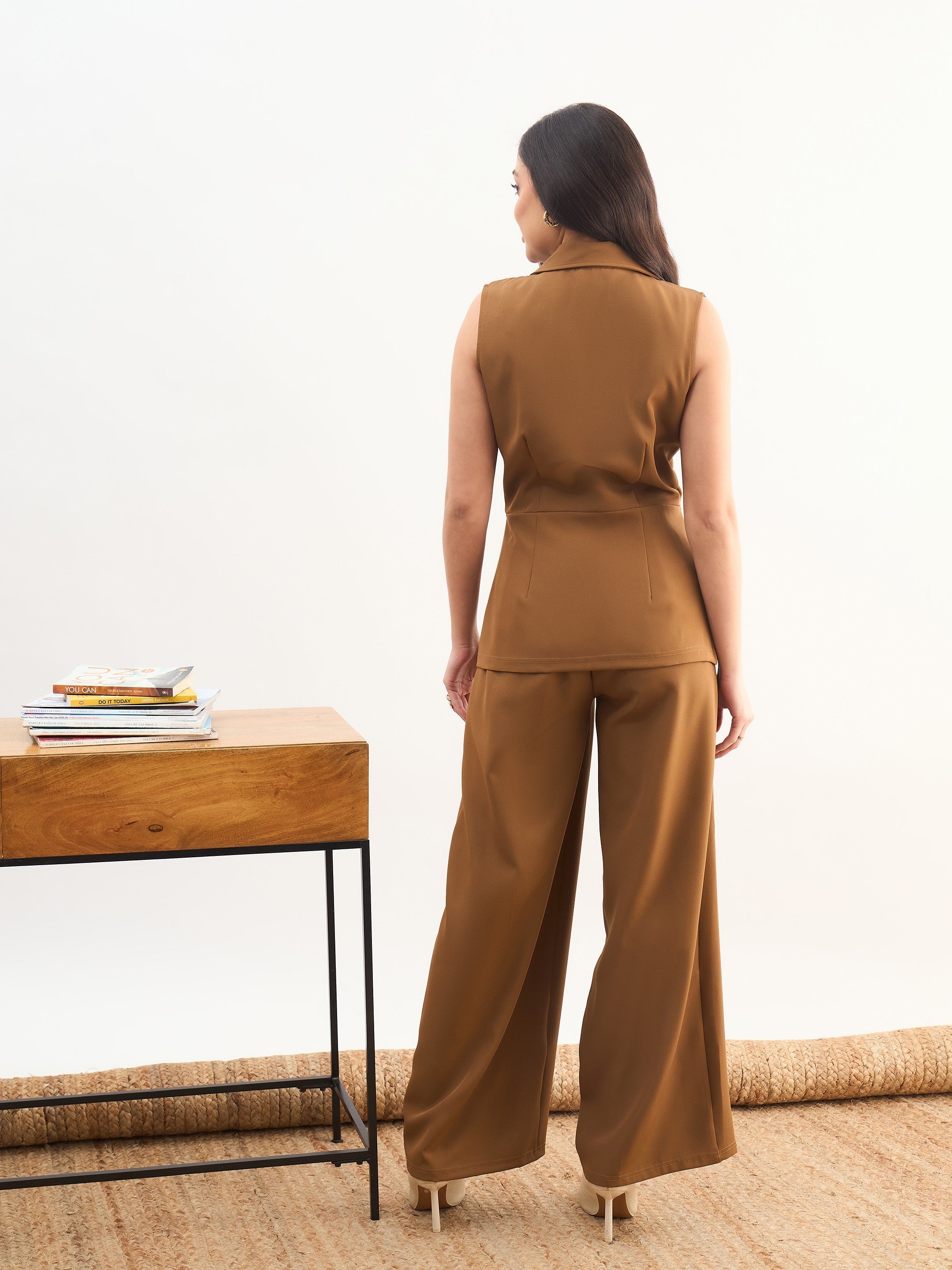 DesiQlo Tan Brown Notch Collar Sleeveless Top With Elasticated Pa