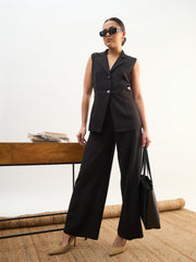 Women Black Notch Collar Sleeveless Regular Top