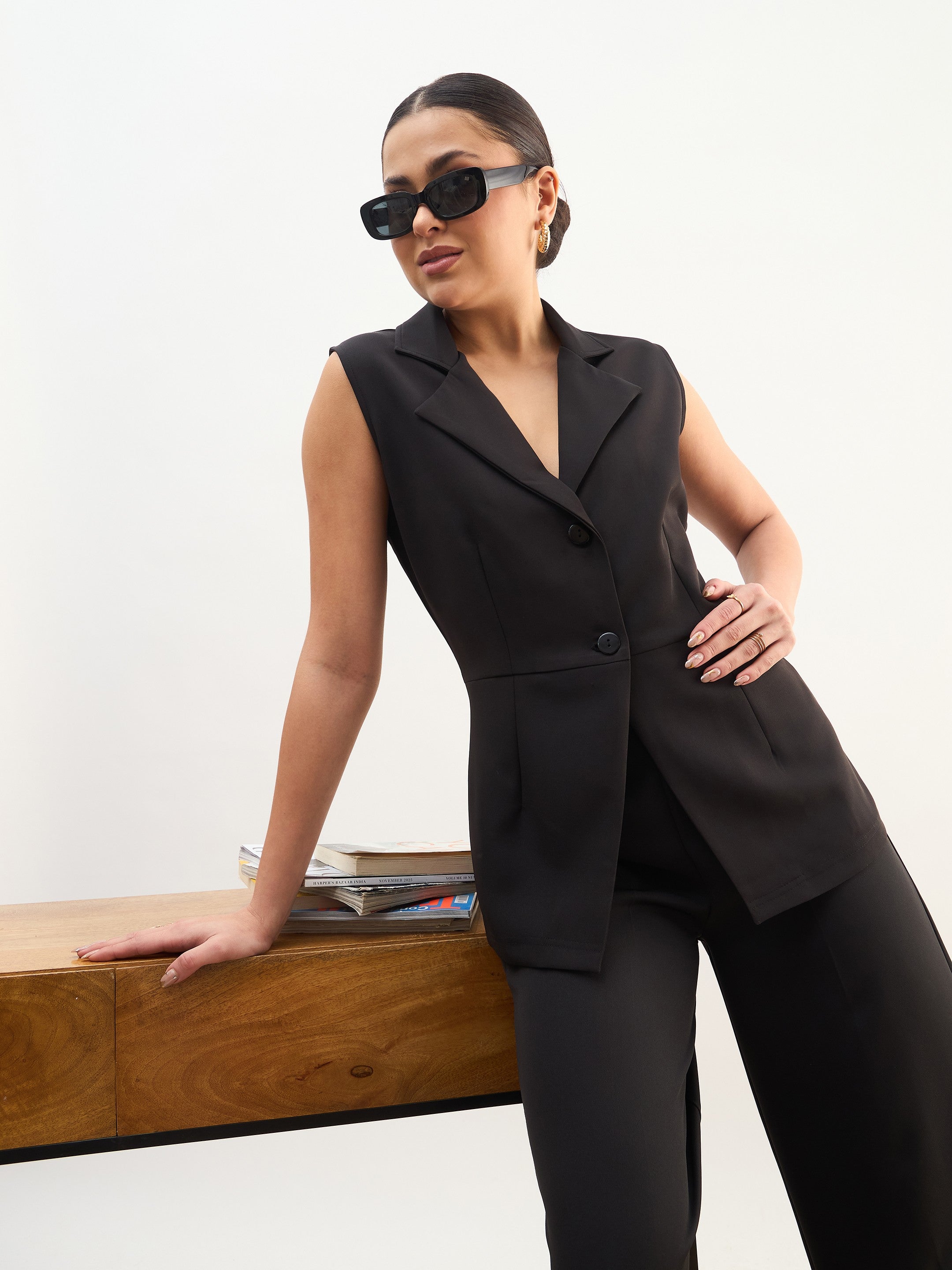 DesiQlo Black Notch Collar Sleeveless Top With Elasticated Pant -