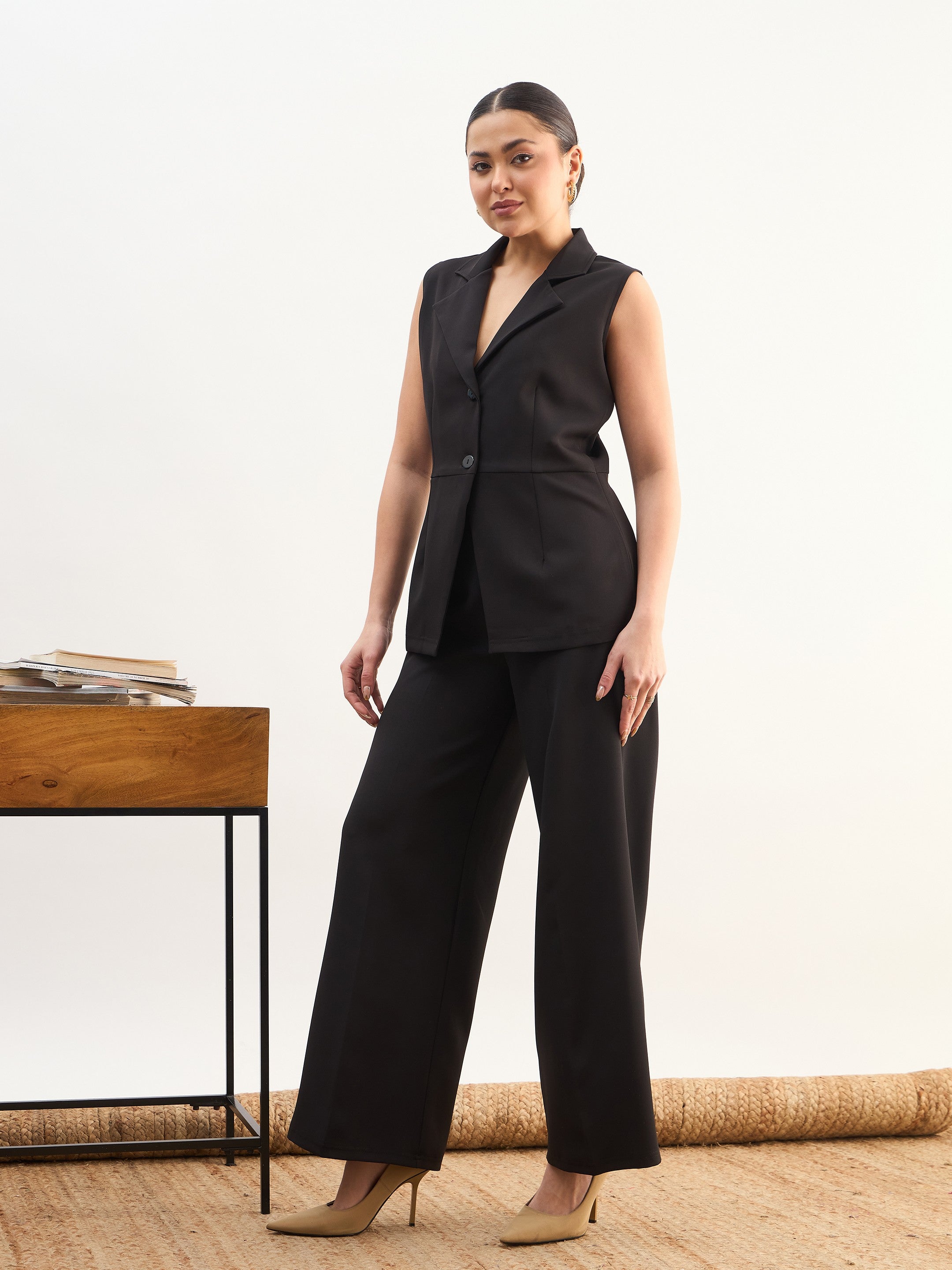 DesiQlo Black Notch Collar Sleeveless Top With Elasticated Pant -