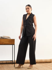 Women Black Notch Collar Sleeveless Top With Elasticated Pant