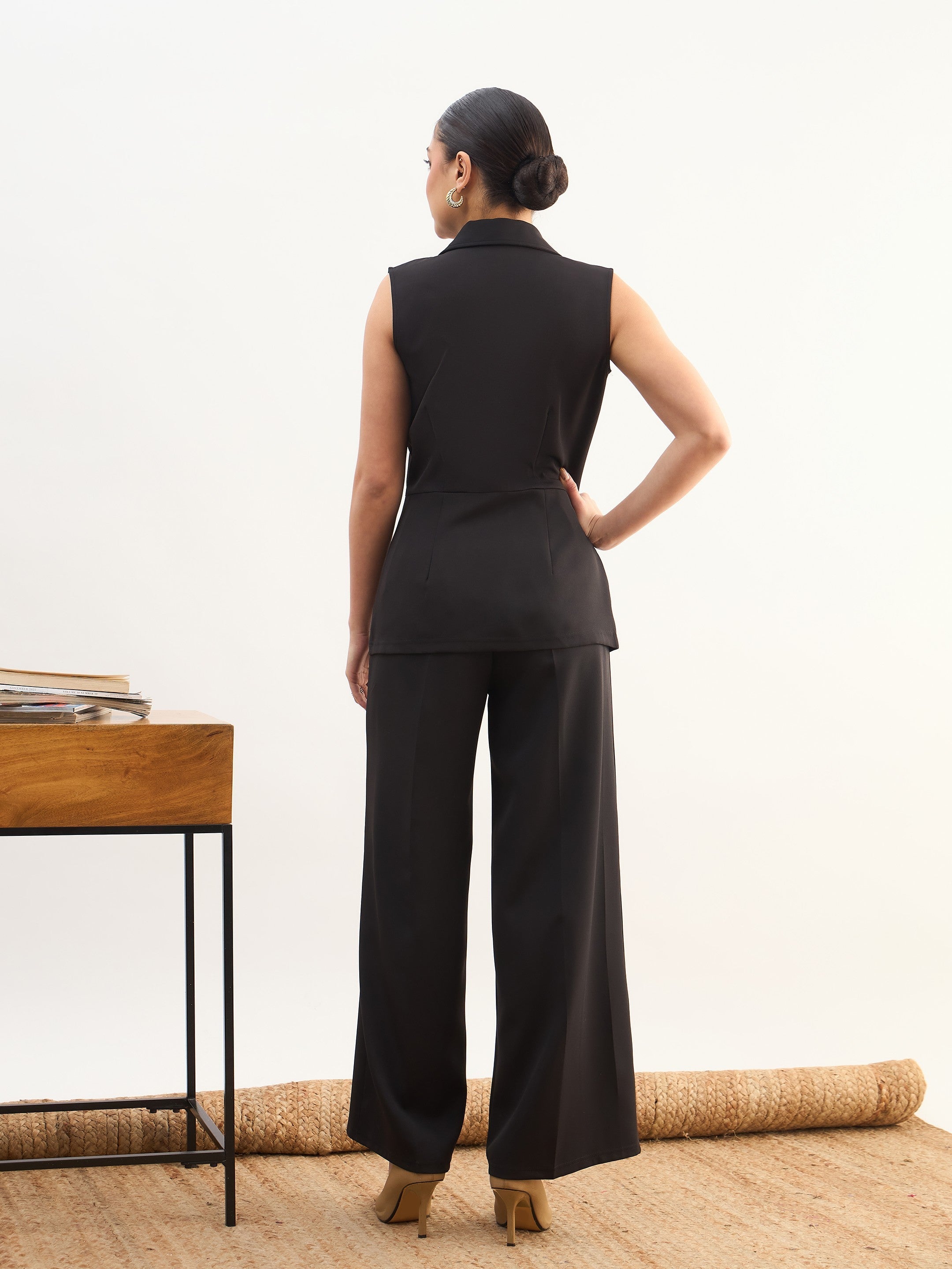 DesiQlo Black Notch Collar Sleeveless Top With Elasticated Pant -