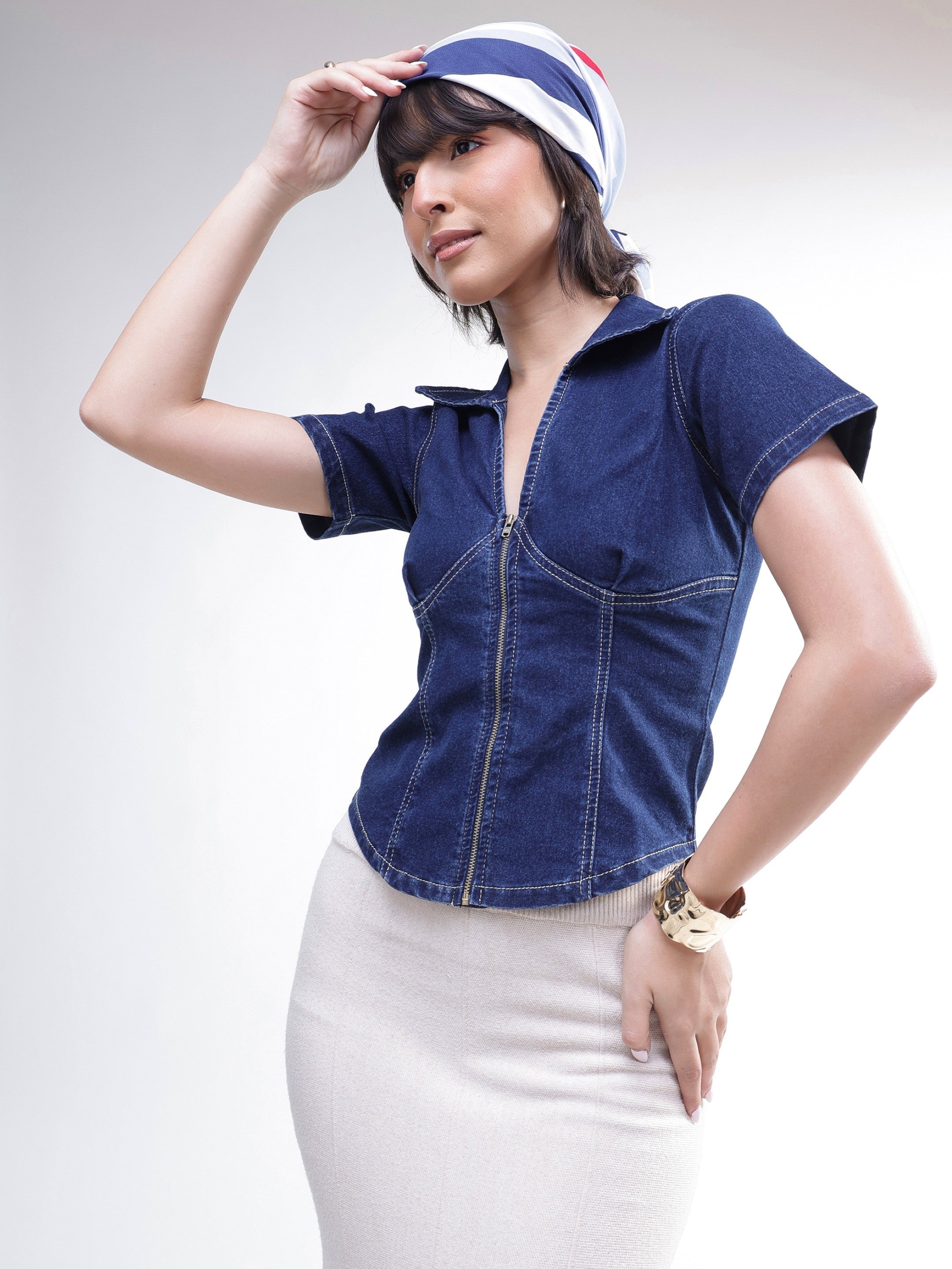 DesiQlo Navy V-Neck Front Zipper Top - Navy Blue
