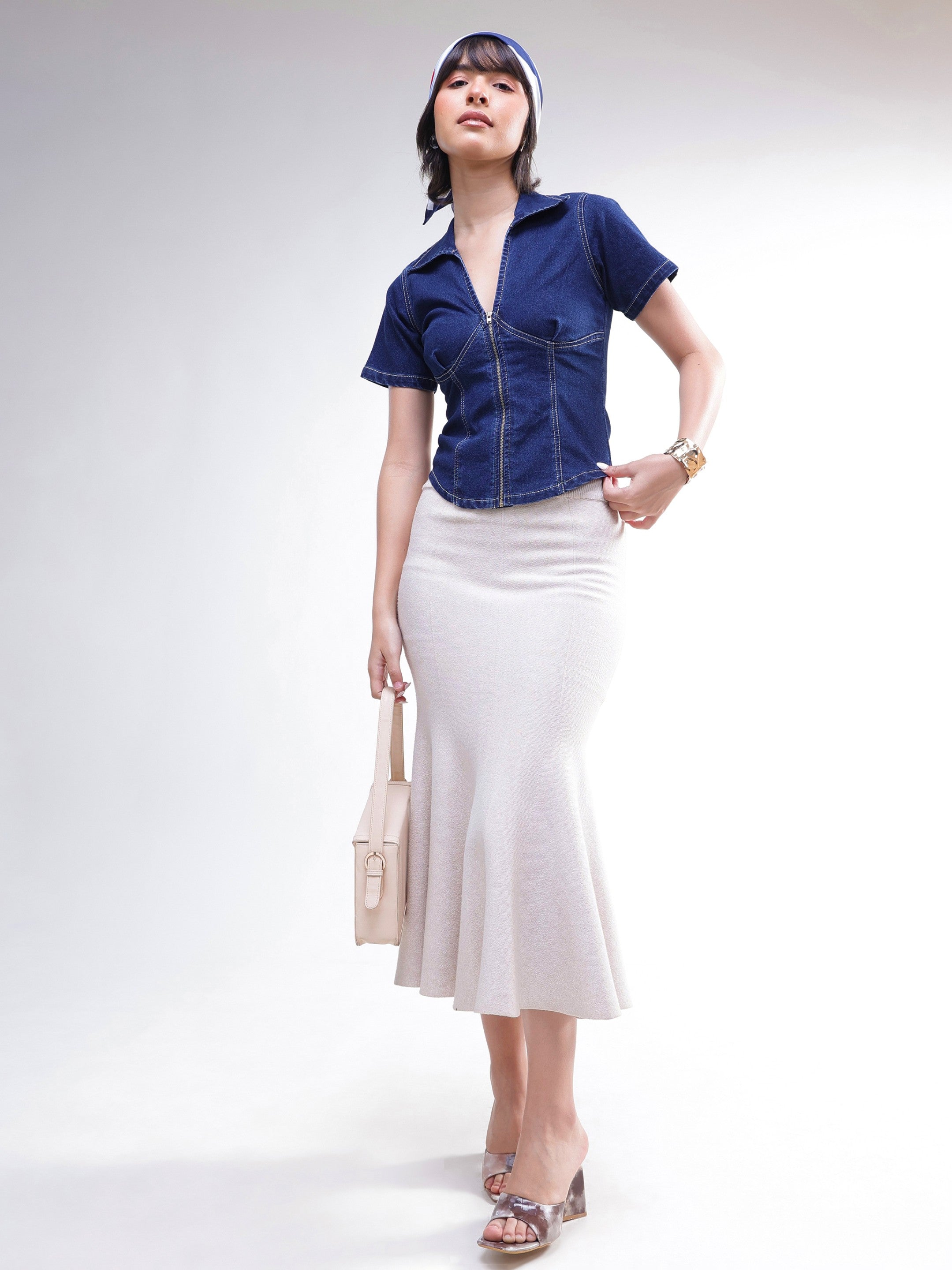 DesiQlo Navy V-Neck Front Zipper Top - Navy Blue