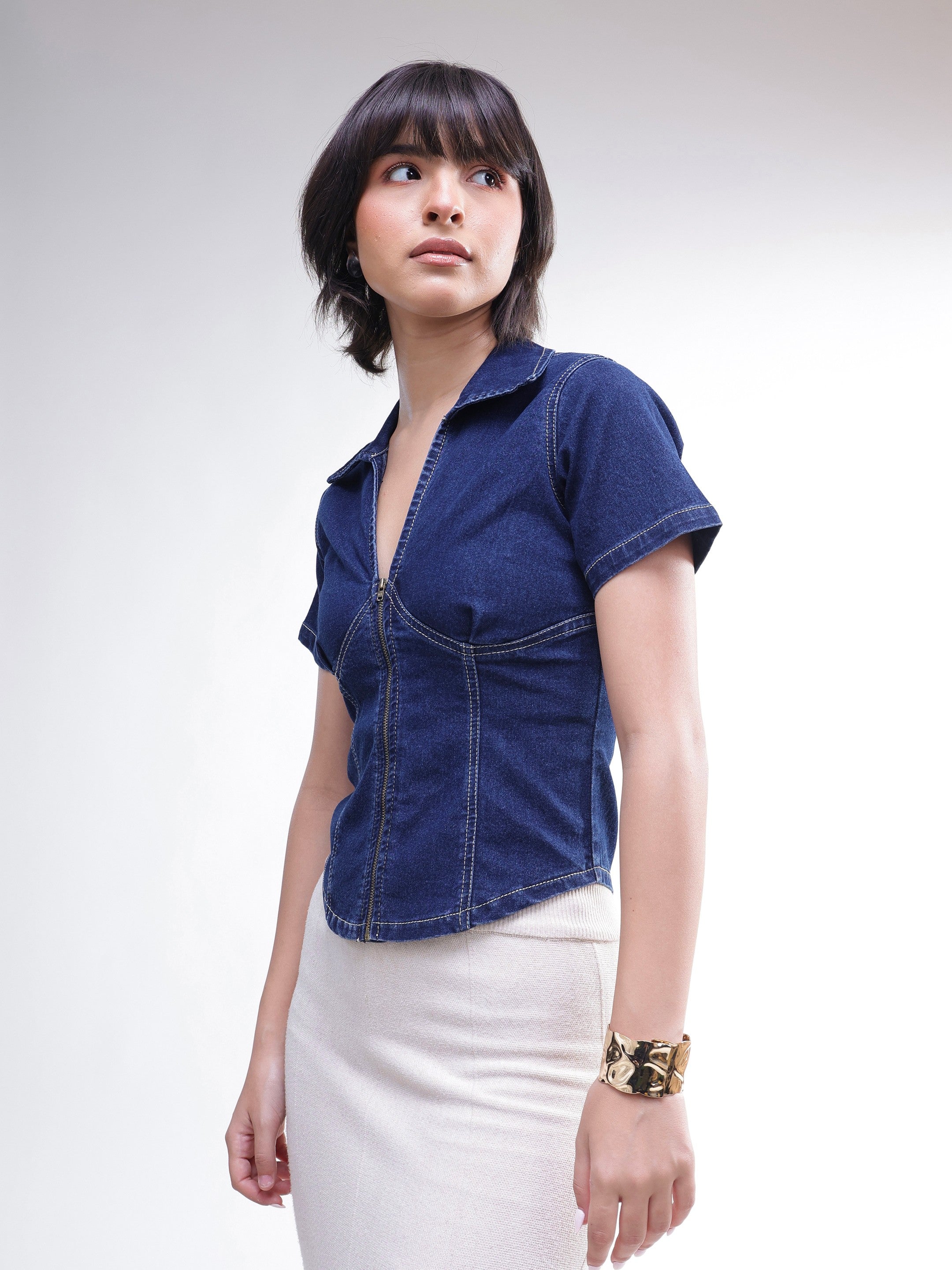 DesiQlo Navy V-Neck Front Zipper Top - Navy Blue