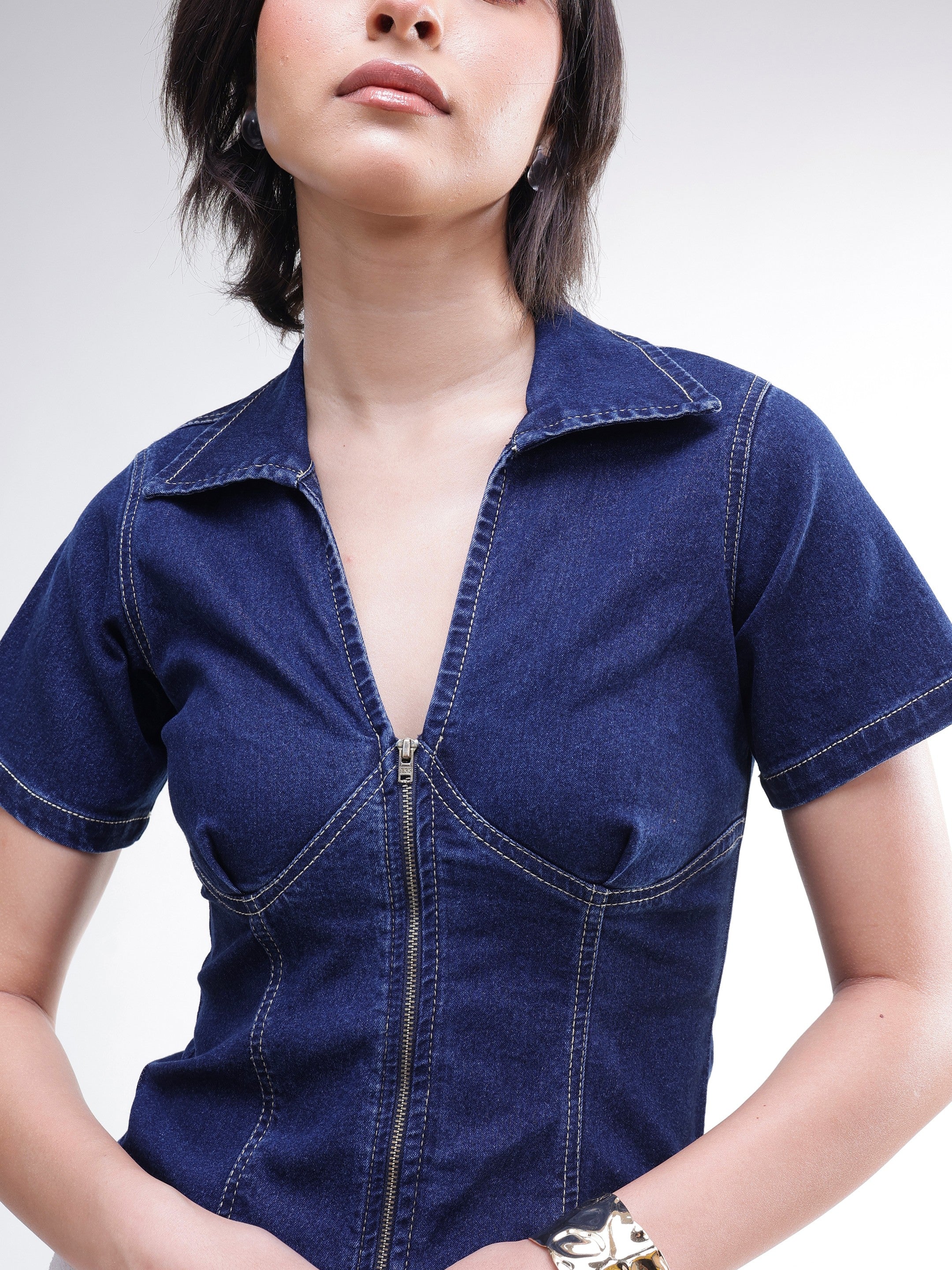 DesiQlo Navy V-Neck Front Zipper Top - Navy Blue