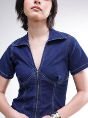 Women Navy V-Neck Front Zipper Top