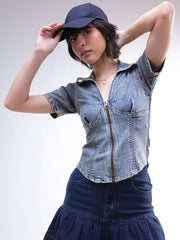 Women Blue Blast V-Neck Front Zipper Top