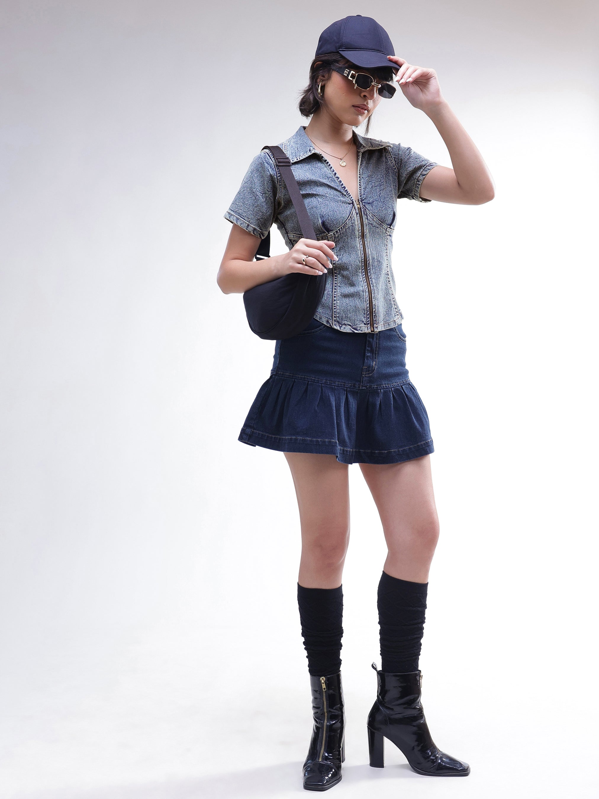 DesiQlo Blue Blast V-Neck Front Zipper Top - Blue