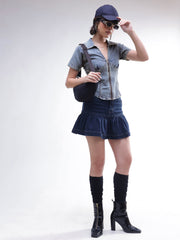 Women Blue Blast V-Neck Front Zipper Top