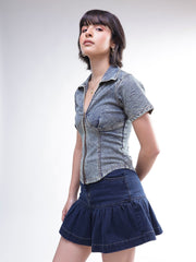 Women Blue Blast V-Neck Front Zipper Top