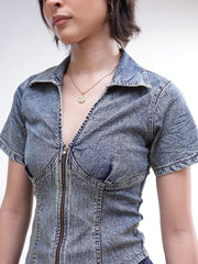 Women Blue Blast V-Neck Front Zipper Top